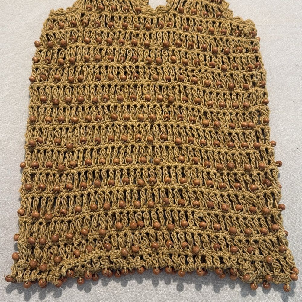 Aava Khaki Brown Beaded Open Knit Crochet Double Handle Market Beach Boho Tote - Picture 6 of 12